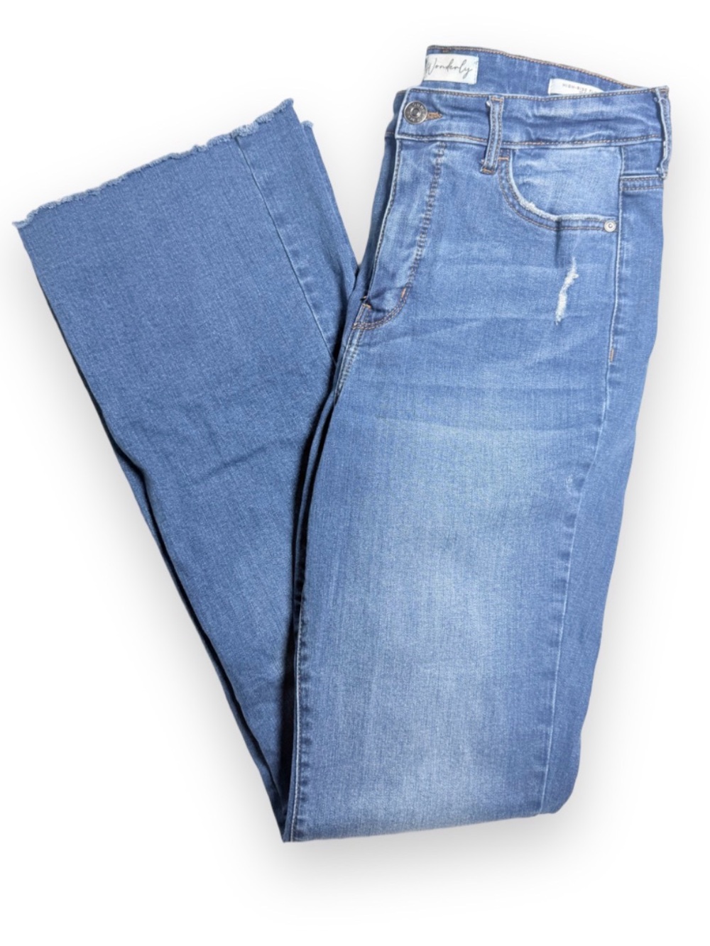 Wonderly High Rise Flare Jeans Size 10R Light Medium Wash Raw Hem Stretch